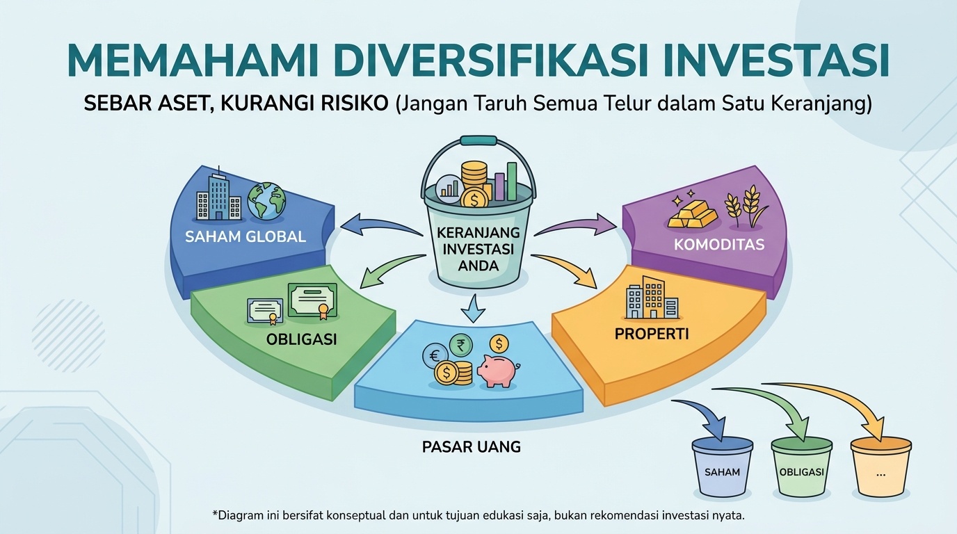 Diagram alokasi aset yang menyebar ke beberapa kelas aset sebagai gambaran diversifikasi