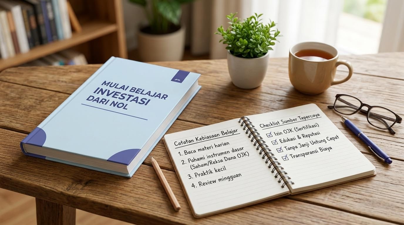 Suasana belajar literasi keuangan dengan buku dan catatan kebiasaan belajar dari nol