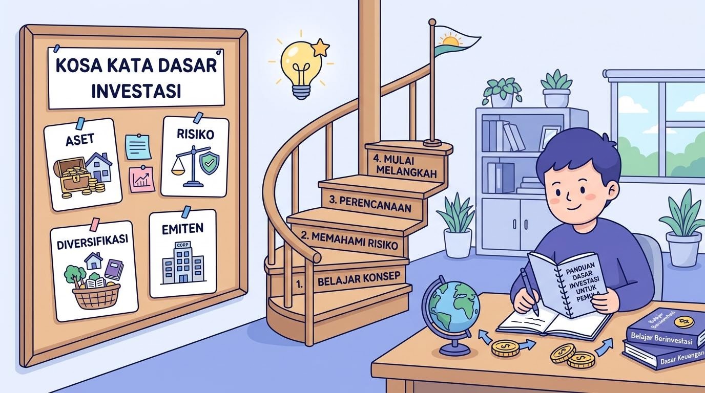 Ilustrasi konsep dasar investasi dengan langkah awal dan pengenalan istilah untuk pemula
