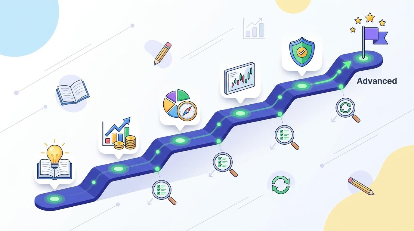 Diagram peta langkah belajar investasi dengan beberapa tahapan dan tanda evaluasi berkala