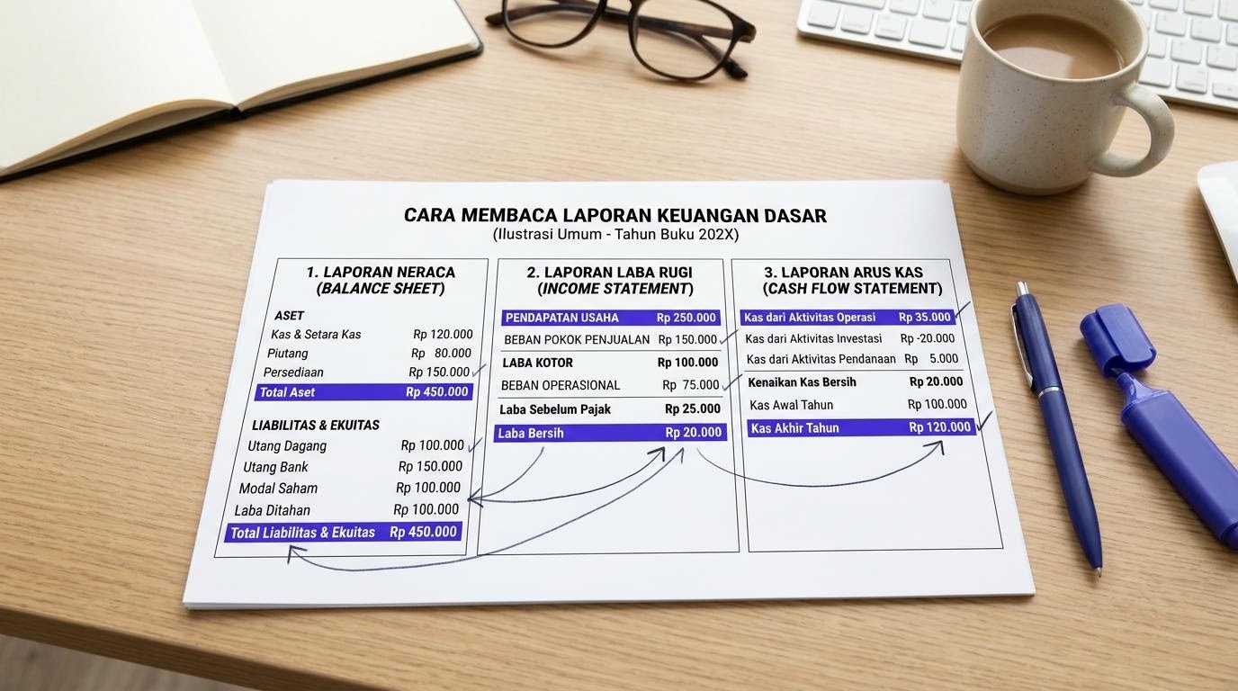 Lembar laporan keuangan dengan bagian neraca, laba rugi, dan arus kas yang ditandai untuk belajar membaca
