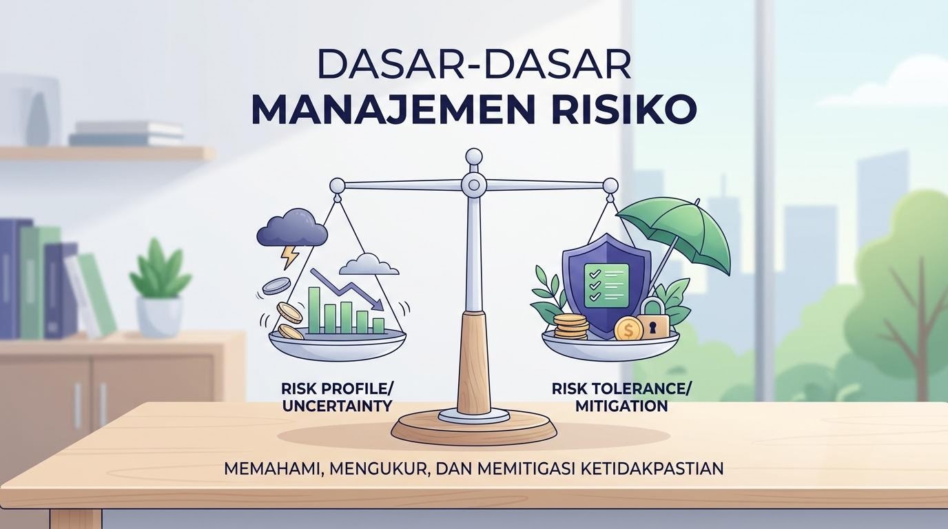 Ilustrasi perisai dan timbangan yang menggambarkan keseimbangan toleransi risiko dalam belajar investasi